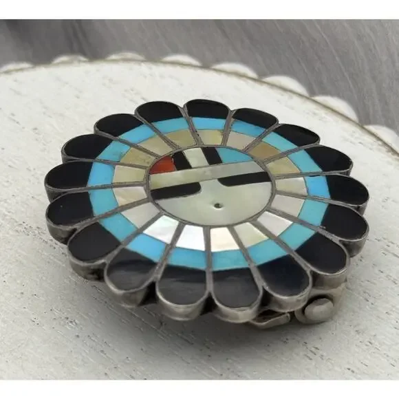 Vintage Native American Sterling Silver And Multi-Stone Inlay Belt Buckle 18.10G - Picture 3 of 6